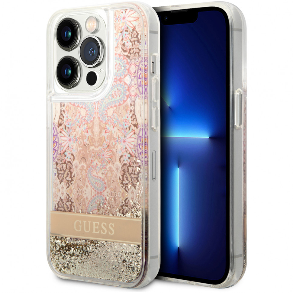 Чехол Guess liquid glitter paisley hard для iphone 14 pro max, золотой