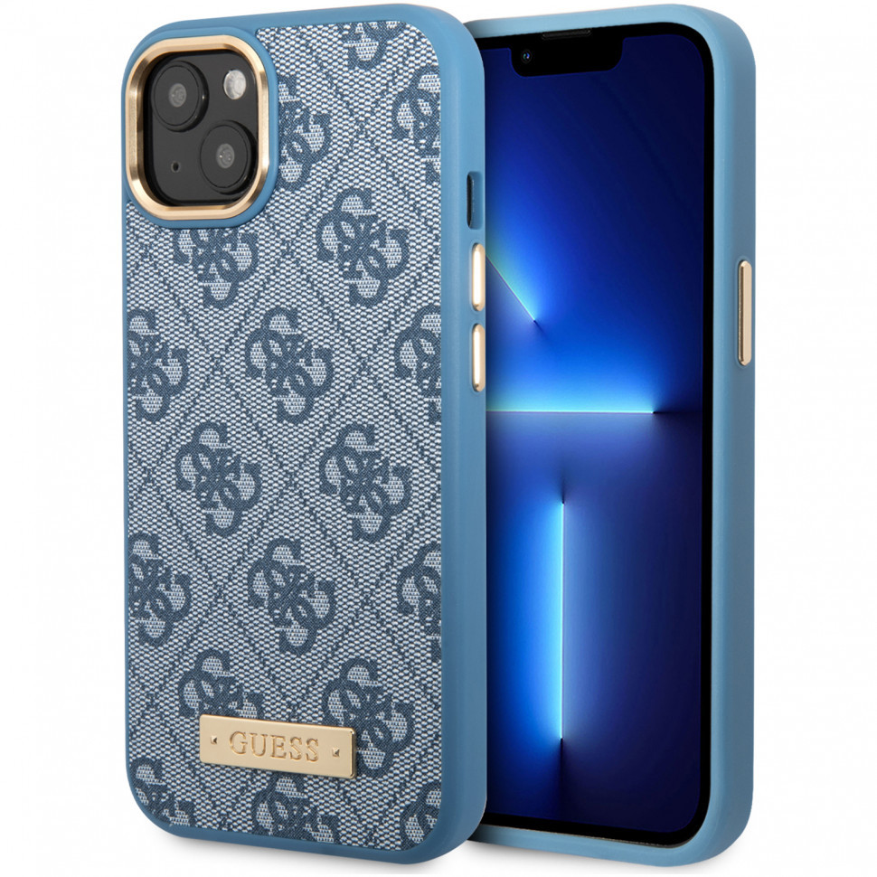 Чехол Guess pu 4g plate metal logo hard magsafe для iphone 13, синий