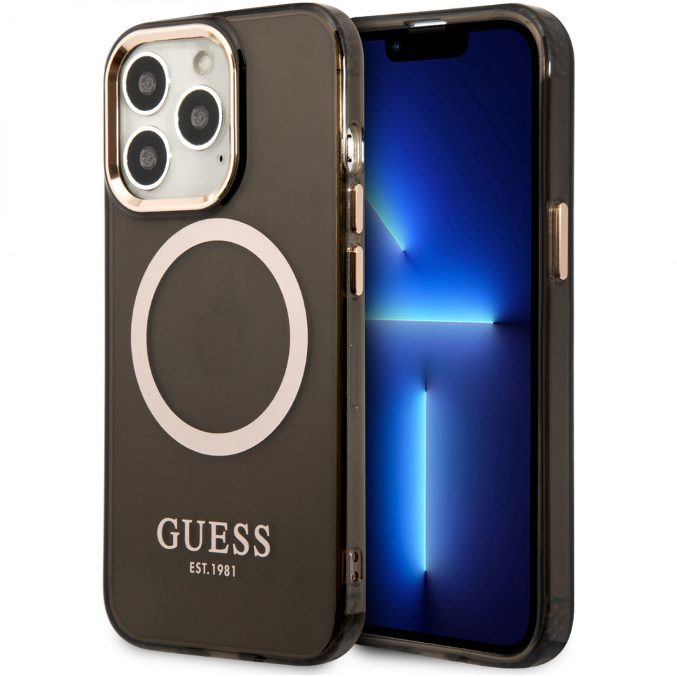 

Чехол guess pc/tpu metal outline hard (magsafe) для iphone 13 pro, черный/золотой, PC/TPU Metal outline Hard