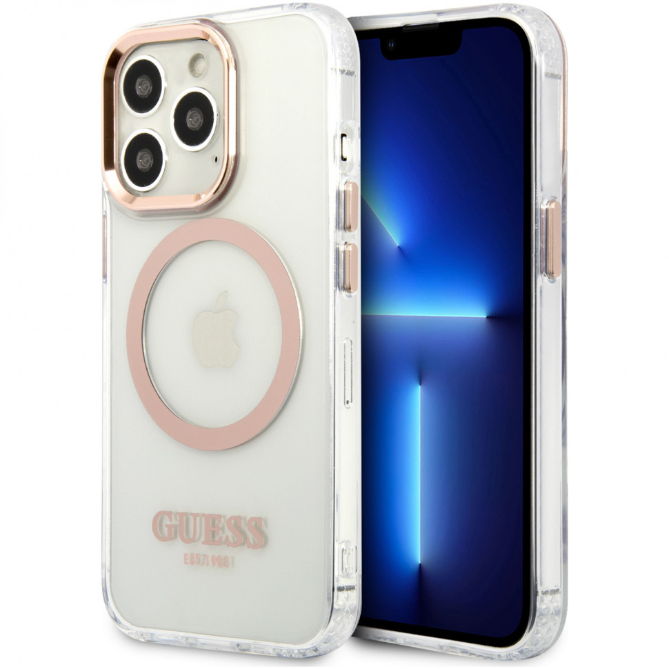 

Чехол guess pc/tpu metal outline hard (magsafe) для iphone 13 pro, прозрачный/золотой, Прозрачный;золотистый, PC/TPU Metal outline Hard