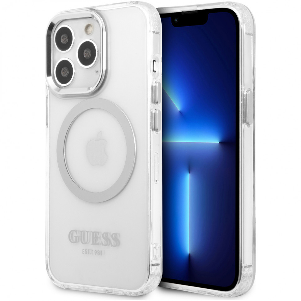 

Чехол guess pc/tpu metal outline hard (magsafe) для iphone 13 pro, прозрачный/серебристый, PC/TPU Metal outline Hard