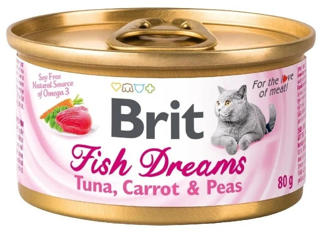 

Консервы для кошек Brit Fish Dreams с тунцом,морковью и горошком,упаковка 12 шт*80гр, Консервы