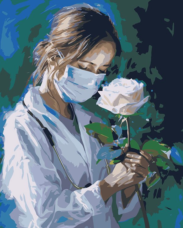 Картина по номерам Цветное Медицина девушка врач и белая роза