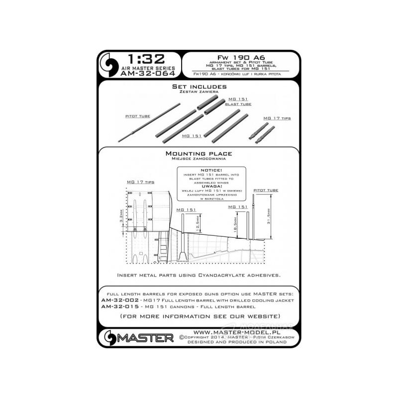 

AM-32-064 Комплект вооружения Fw 190 A6 наконечники стволов MG 17, стволы MG 151, обтекате