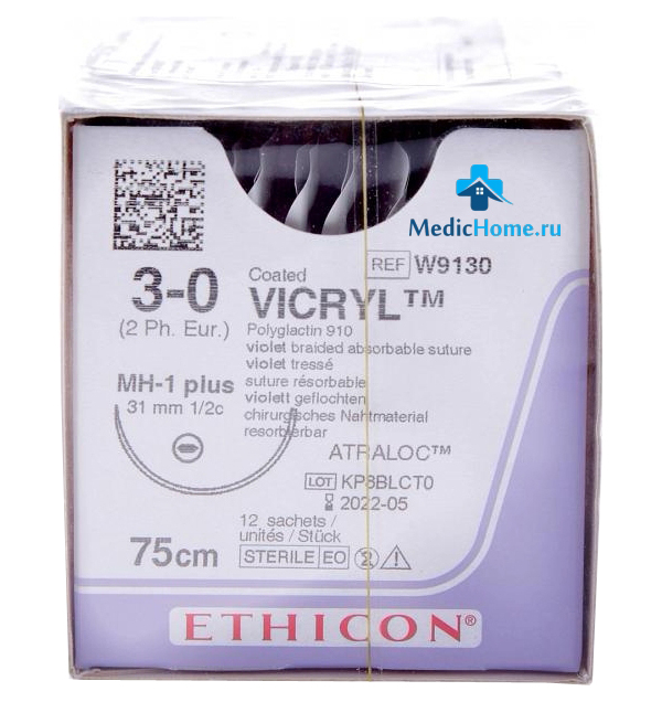 Шовный материал ВИКРИЛ 3/0, 75 см, кол. 31 мм, 1/2 W9130 12 шт.