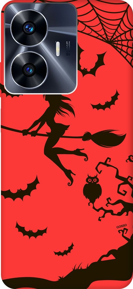 

Чехол на Realme C55 "Witch on a Broomstick" красный, Красный;черный, 159510