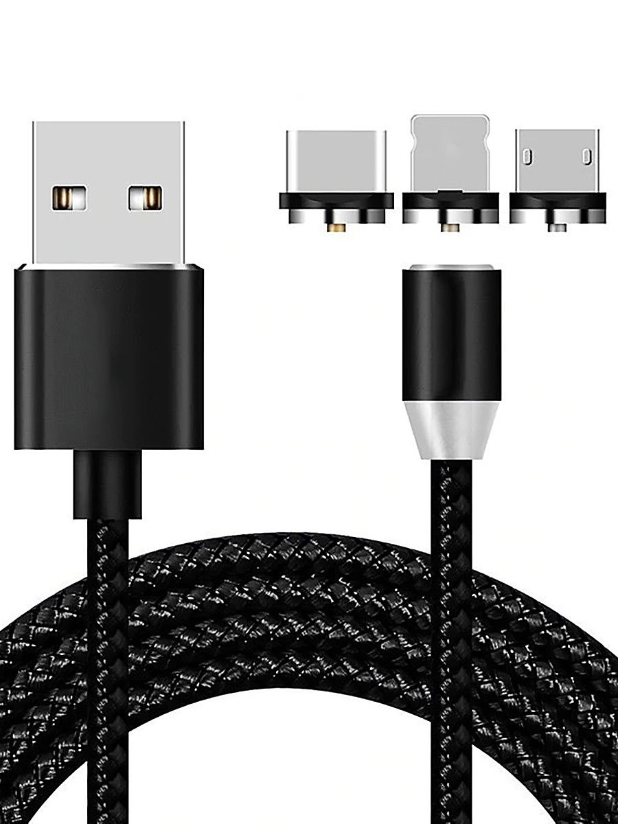 Кабель магнитный ZIBELINO USB-USB Type-C/Lightning/microUSB (3в1) 1м (ZDCM-3IN1-BLK)