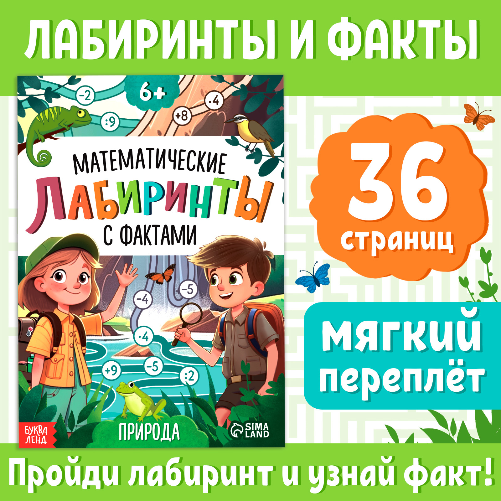 

Математические лабиринты с фактами, Природа, Книга развивающая