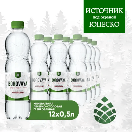 Вода BOROVAYA (БОРОВАЯ), лечебно-столовая минеральная, газированная, ПЭТ 0.5 л (12 штук)