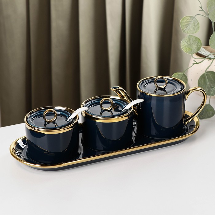 фото Набор сервировочный «акварель», 3 предмета, чайник, 2 сахарницы с ложкой, цвет синий nobrand