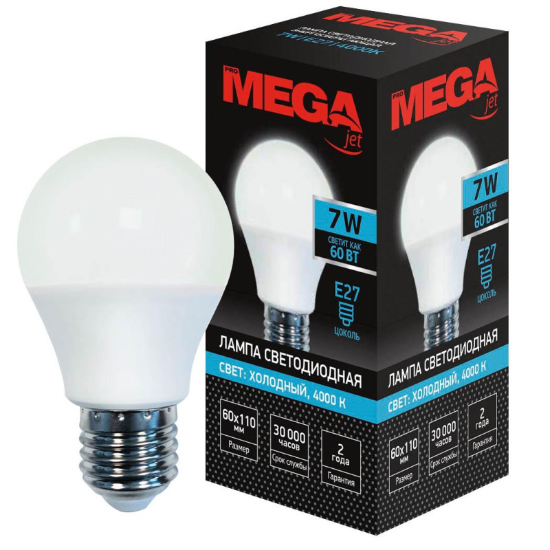 

Лампа светодиодная Mega E27 7W 4000K груша