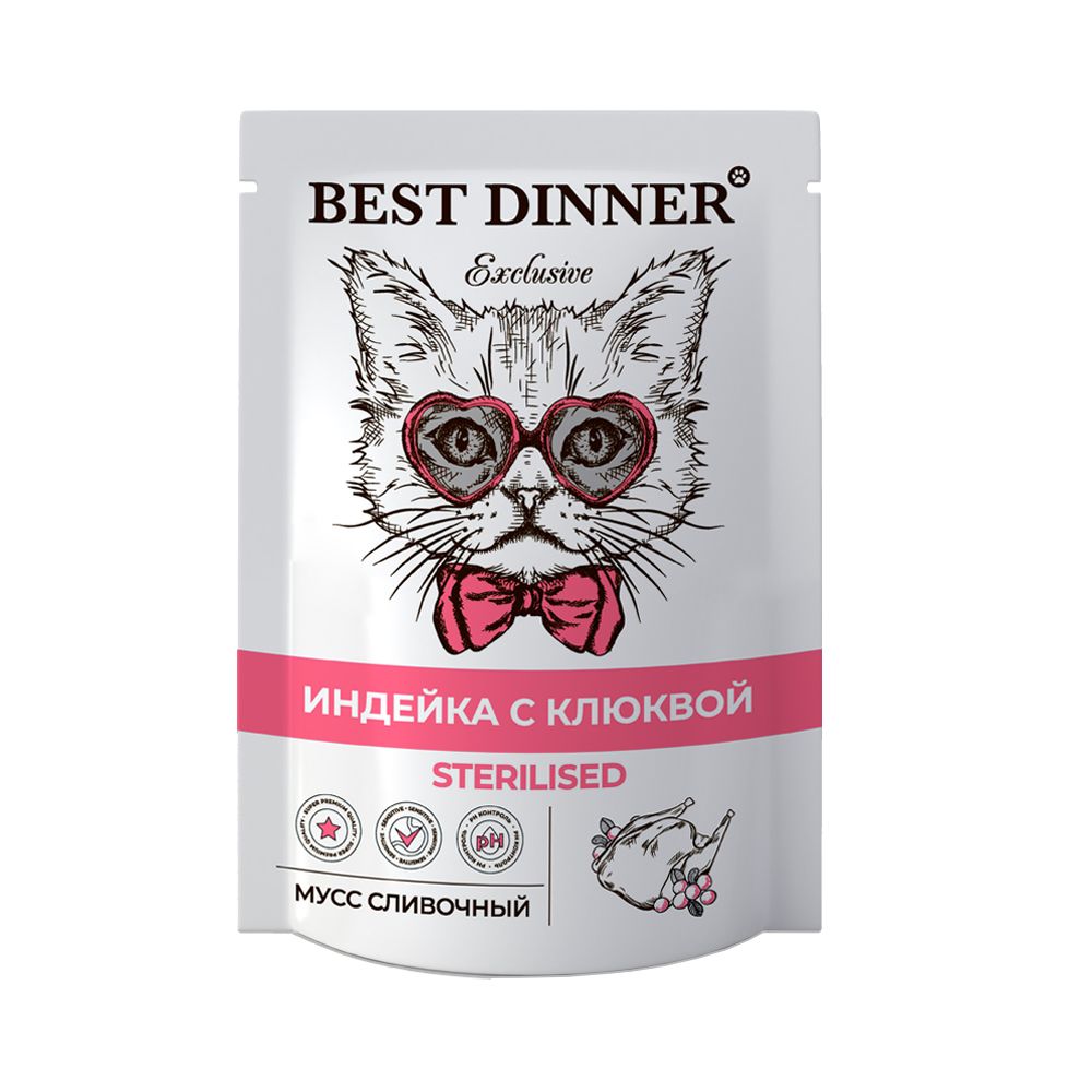 

Влажный корм для кошек BEST DINNER Exclusive Sterilised индейка с клюквой, 85г, Exclusive Sterilised