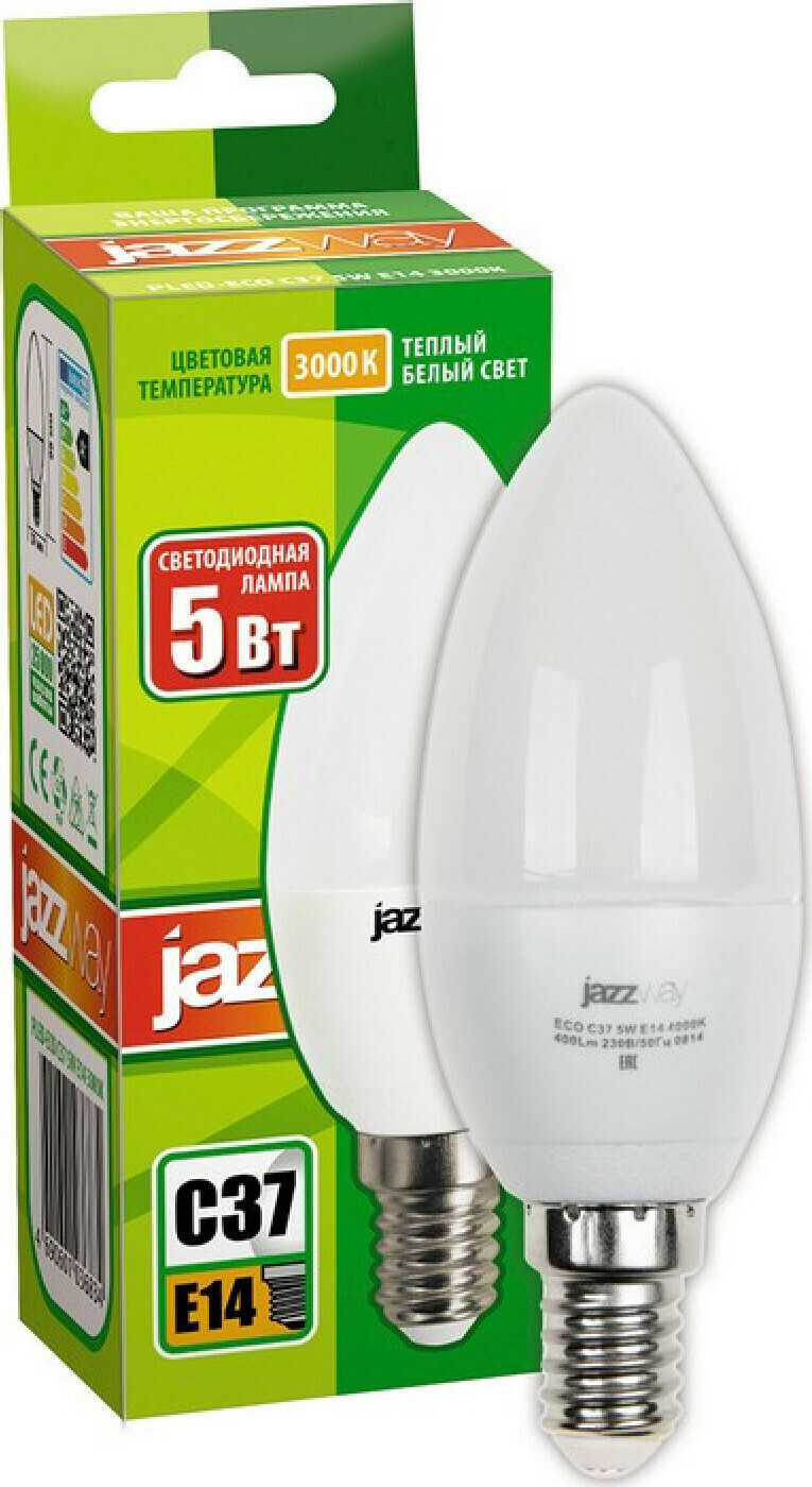 

Лампа светодиодная PLED- ECO-C37 5w E14 3000K 400Lm Jazzway свеча 2 шт.