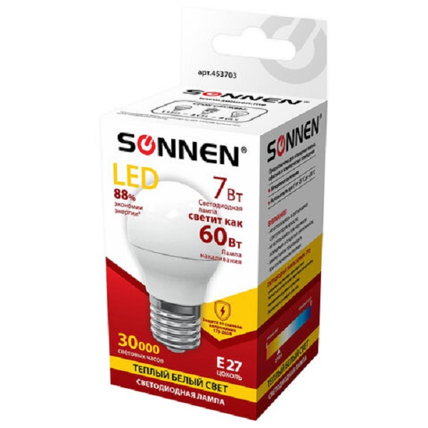 

Лампа SONNEN, 7 Вт, цоколь E27, шар, холодный белый, 30000 ч, LED G45-7W-4000-E27, 453704