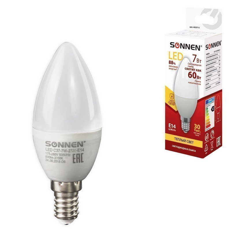 Лампа SONNEN, 7 Вт, цоколь Е14, свеча, теплый белый, LED C37-7W-2700-E14, 453711