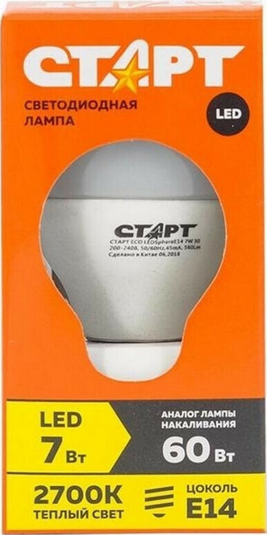 

Лампа светодиодная Старт ECO E14 7W 2700K шарик 2 шт.