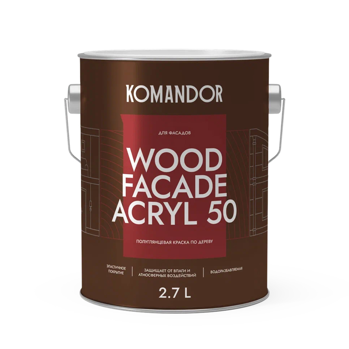 Краска для деревянных фасадов Komandor Wood Facade Acryl 50, база C, бесцветная, 2,7 л