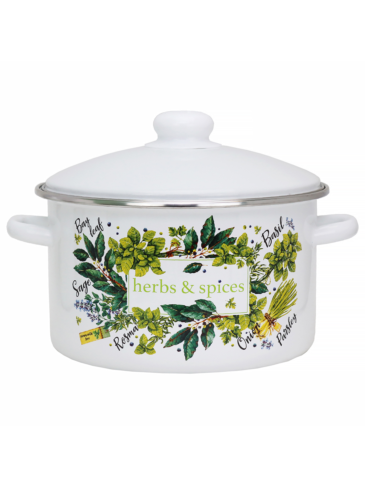 

Кастрюля эмалированная Травы и специи с крышкой 2 л, Белый