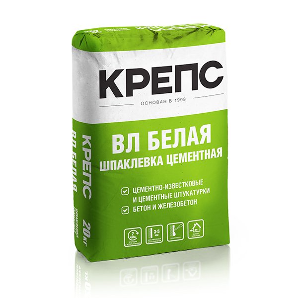 

Шпаклевка цементная Крепс ВЛ, белая, 20кг, Белый