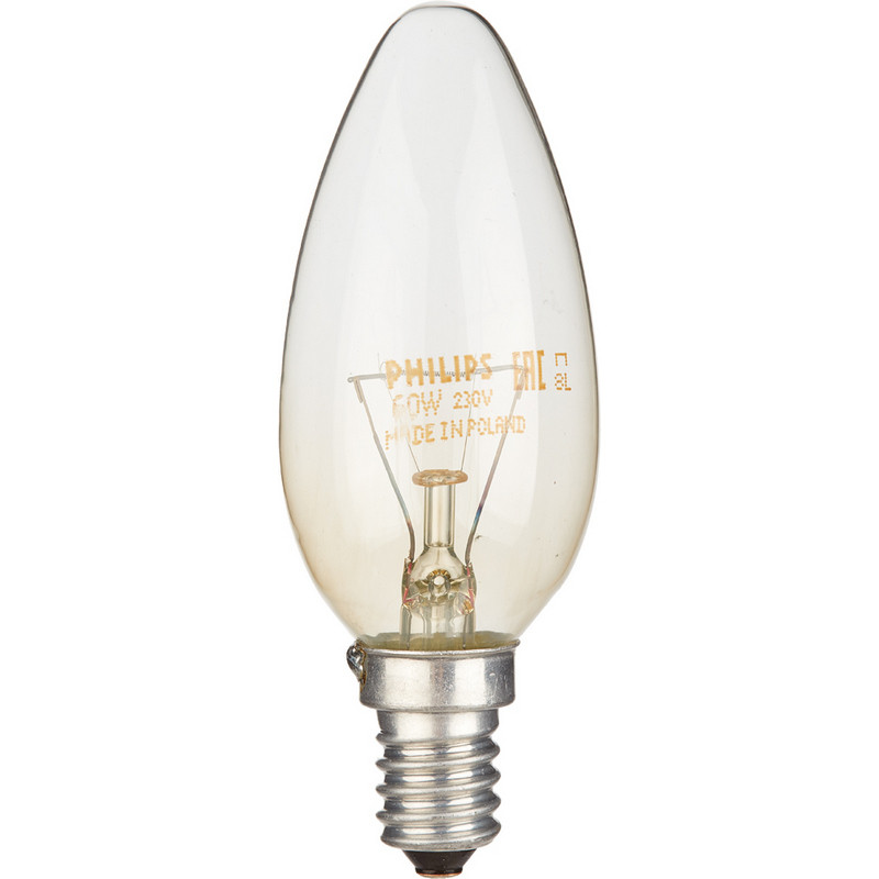 фото Электрическая лампа philips свеча/прозрачная 60w e14 cl/b35 (10/100)