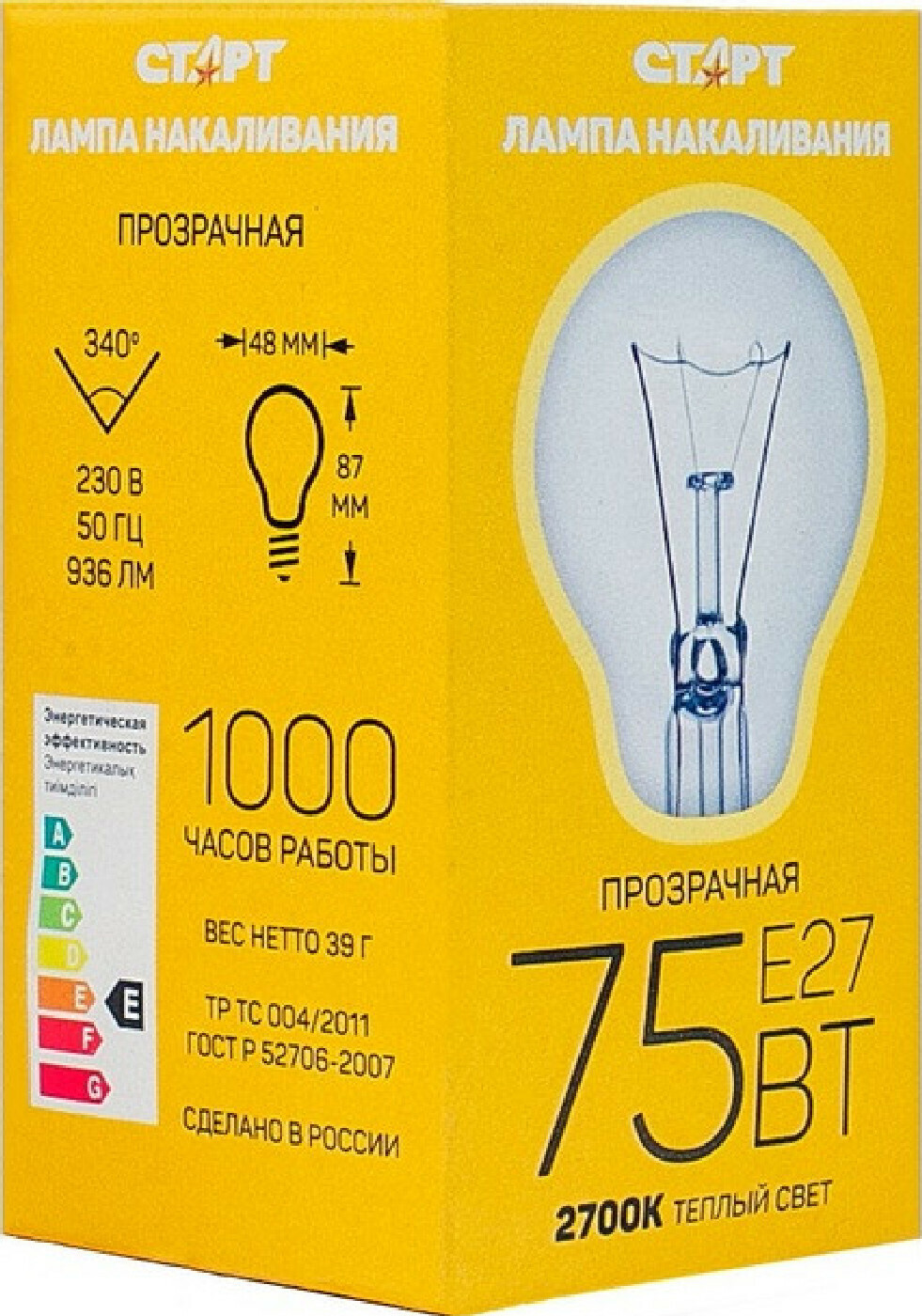 

Электрическая лампа СТАРТ стандартная/прозрачная 75W E27 6 шт.