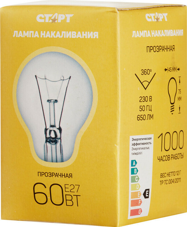 

Электрическая лампа СТАРТ шарик/прозрачная 60W E27 10шт