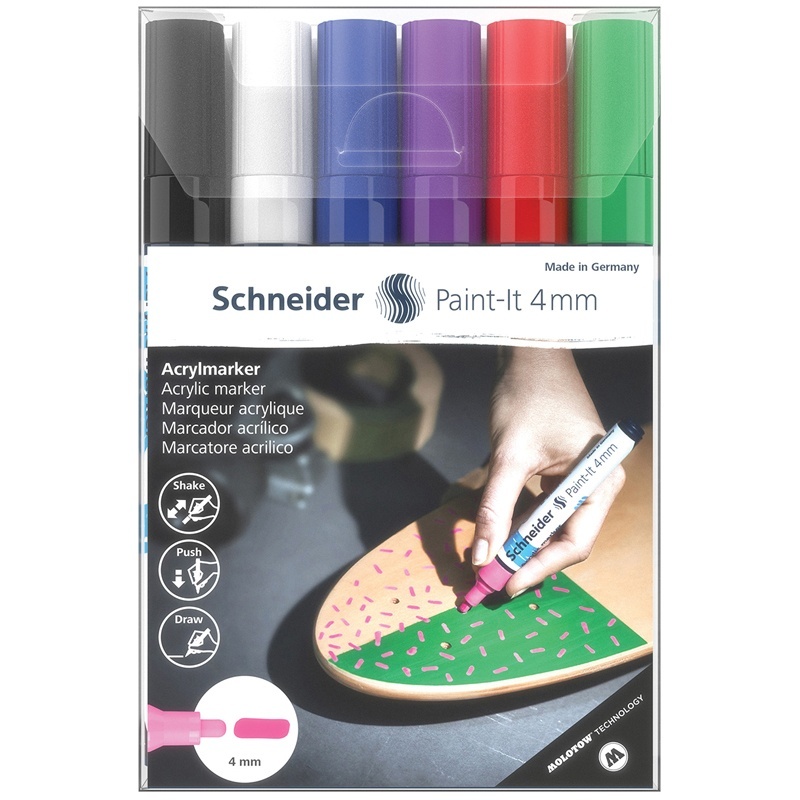 

Набор маркеров акриловых Schneider 120295 Paint-it 320 4 мм ассорти 6 шт, Зеленый;красный;синий;фиолетовый;белый;черный
