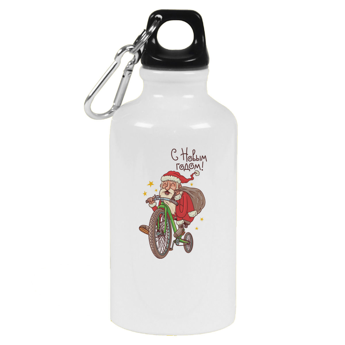 Бутылка спортивная CoolPodarok Прикол. С Новым годом! Дед Мороз на велосипеде!