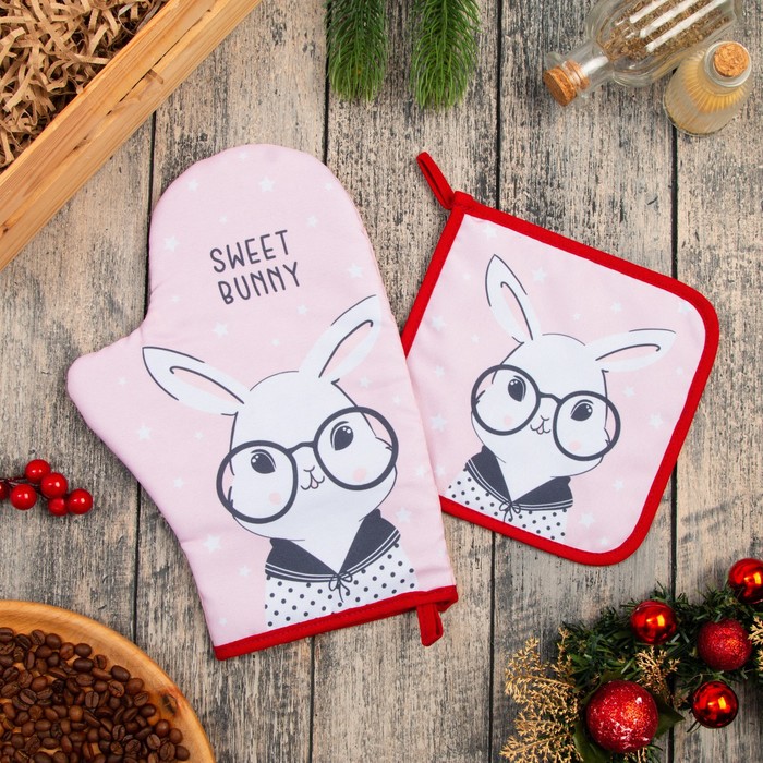 

Доляна Набор кухонный «Sweet bunny» варежка-прихватка 20х28 см, прихватка 17х17 см, 35% х/
