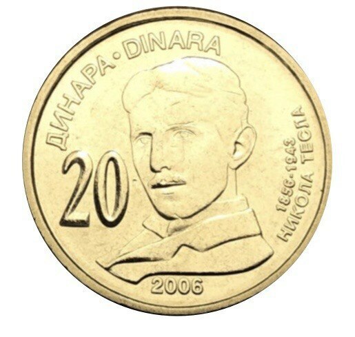 

Памятная монета 20 динаров Никола Тесла. Выдающиеся личности. Сербия, 2006 г. в. (без обр)