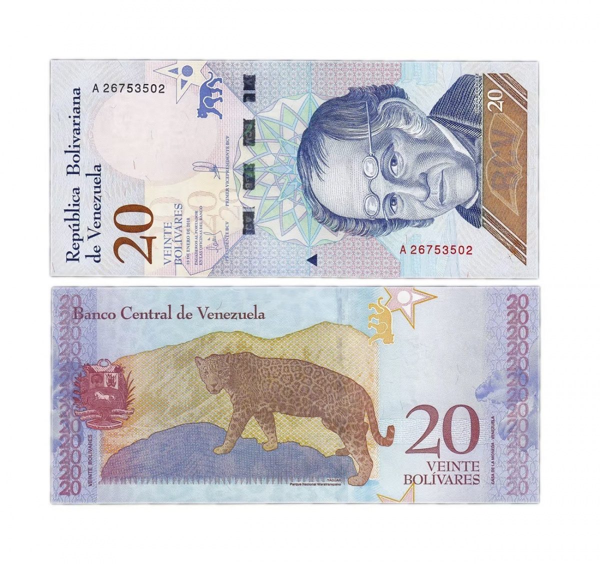 

Подлинная банкнота 20 боливар. Венесуэла, 2018 г. в. Купюра в состоянии UNC (без обр)