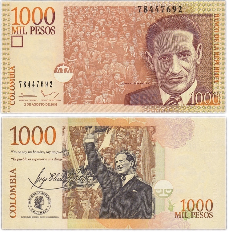 

Подлинная банкнота 1000 песо. Колумбия, 2016 г. в. Купюра в состоянии UNC (без обращения)