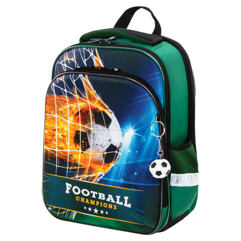 

Ранец BRAUBERG QUADRO, 3 отделения, с брелком, Fire football, 37х28х18 см, 229956, Зеленый
