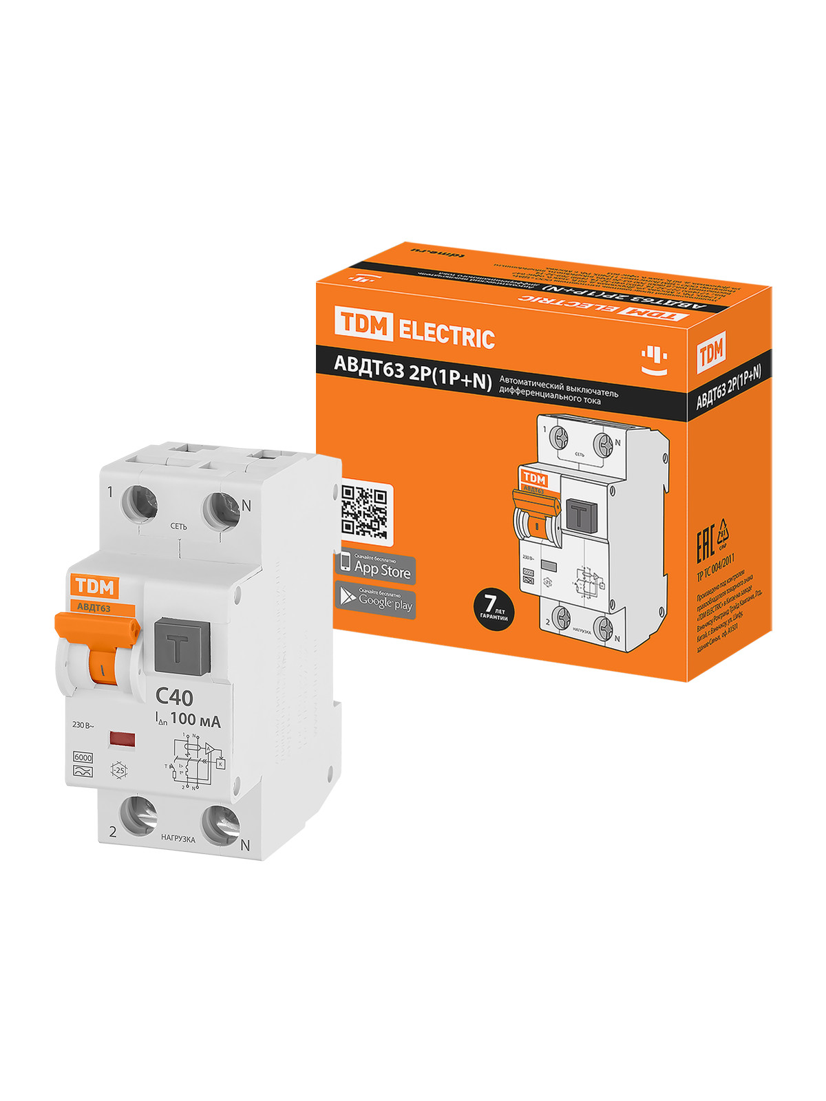 

Дифавтомат TDM ELECTRIC АВДТ 63 2Р(1Р+N) C40 100мА 6кА тип А SQ0202-0008, АВДТ63
