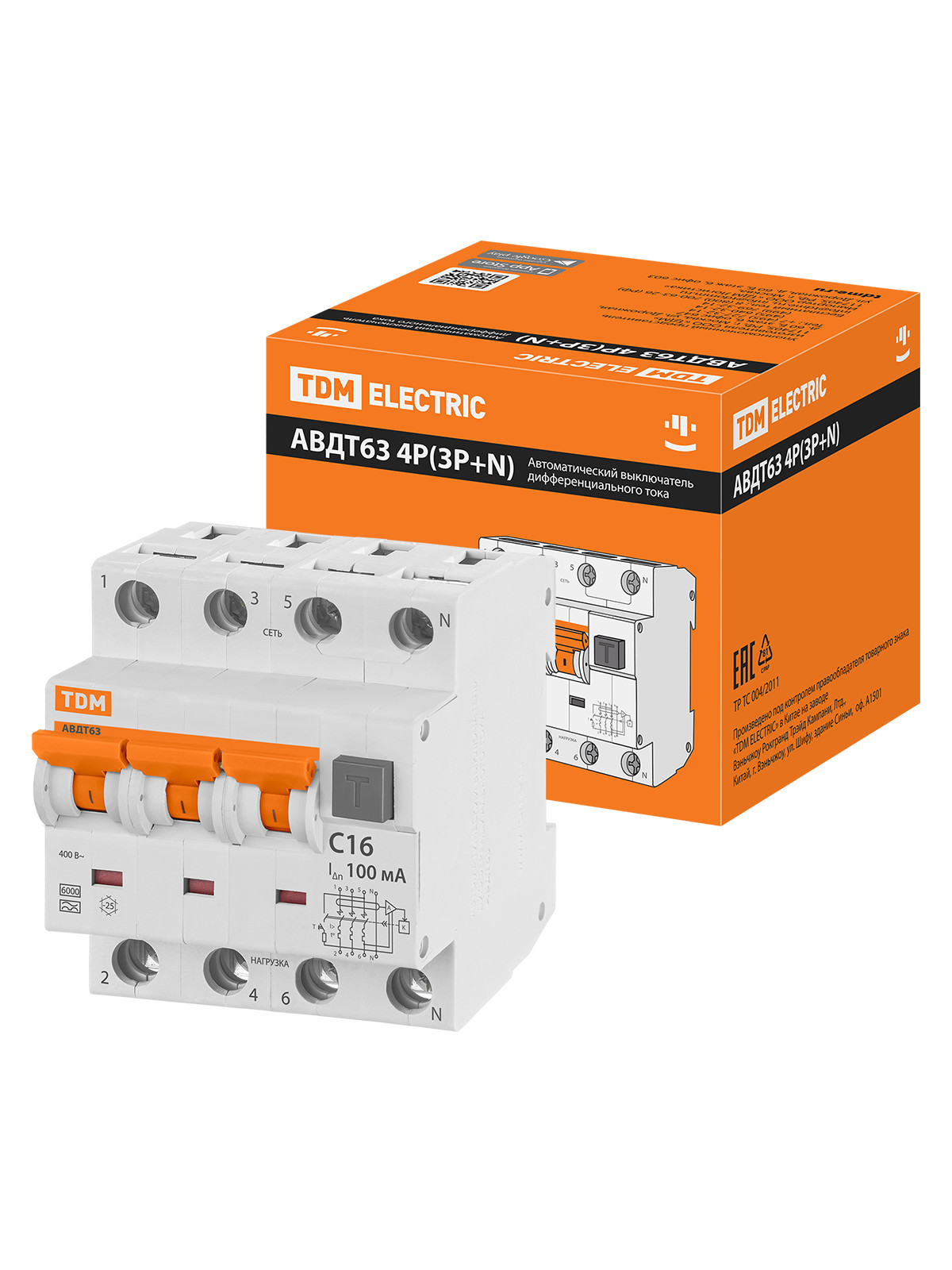 

Дифавтомат TDM ELECTRIC АВДТ 63 4P(3Р+N) C16 100мА 6кА тип А SQ0202-0021, АВДТ63
