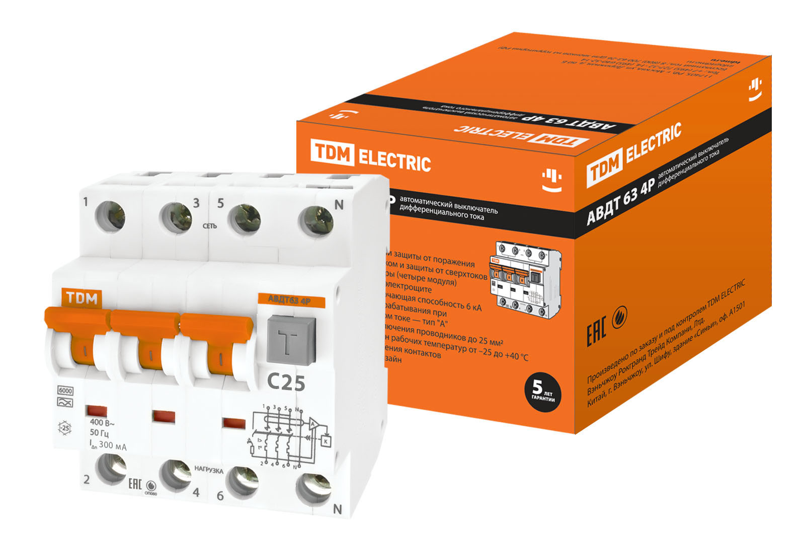 

Дифавтомат TDM ELECTRIC АВДТ 63 4P(3Р+N) C25 300мА 6кА тип А SQ0202-0026, TDM ELECTRIC-4