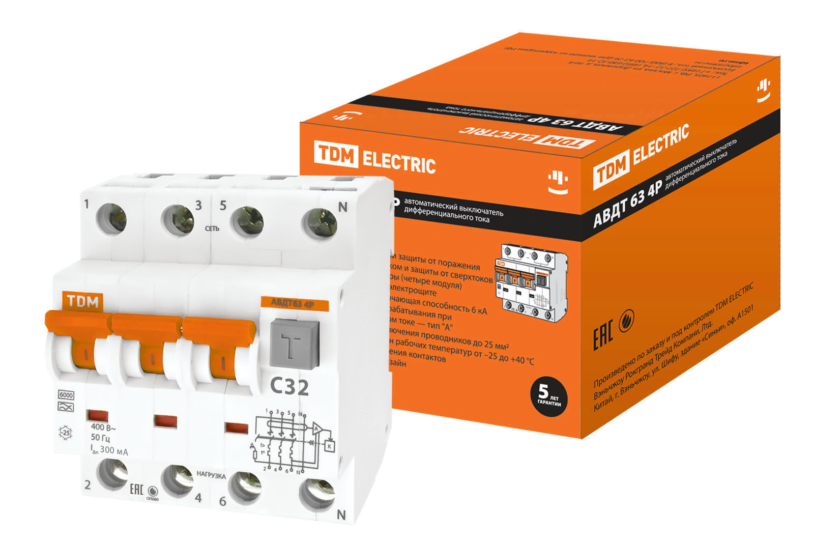 

Дифавтомат TDM ELECTRIC АВДТ 63 4P(3Р+N) C32 300мА 6кА тип А SQ0202-0027, TDM ELECTRIC-4