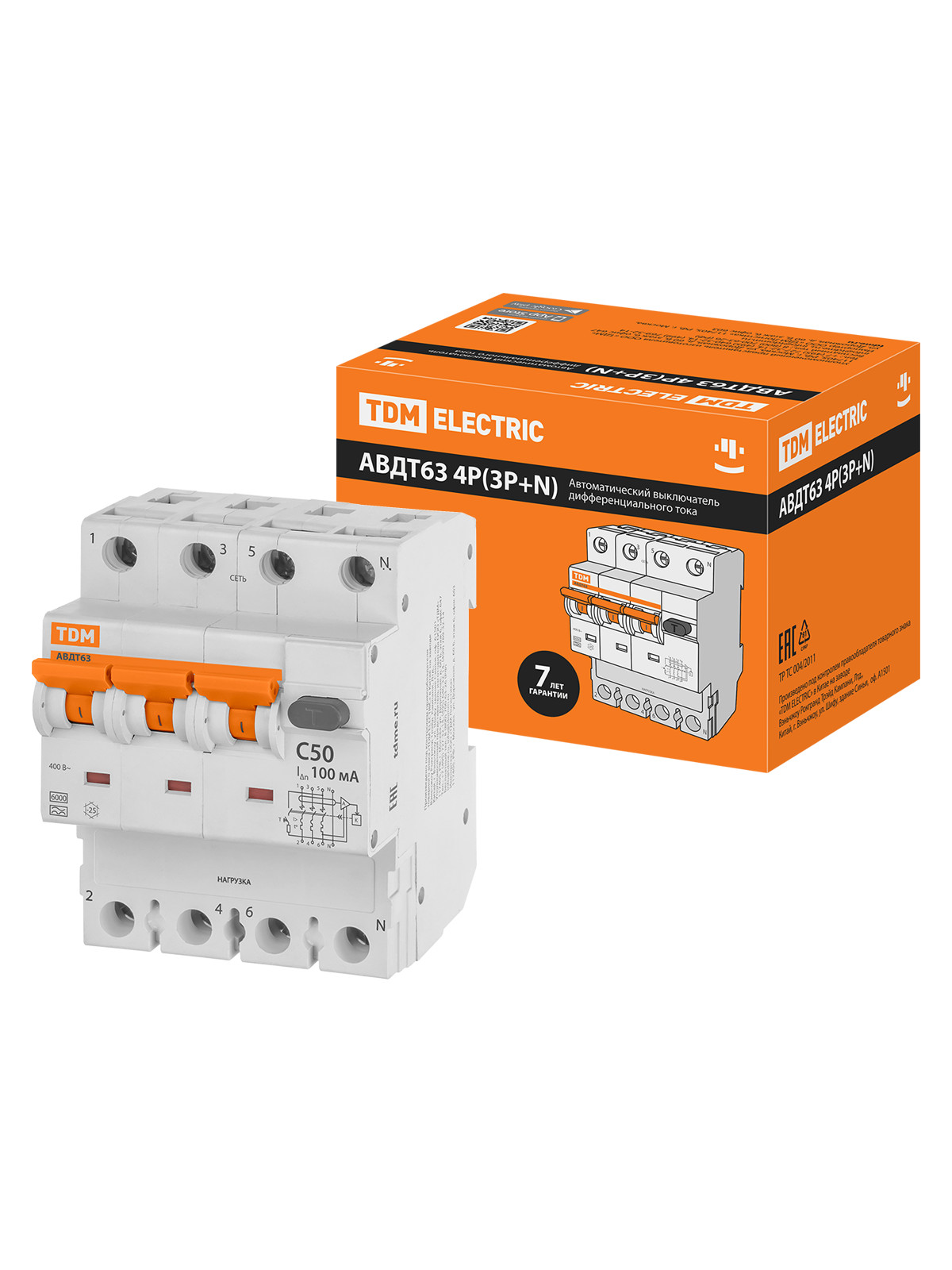 

Дифавтомат TDM ELECTRIC АВДТ 63 4P(3Р+N) C50 100мА 6кА тип А SQ0202-0053, АВДТ63