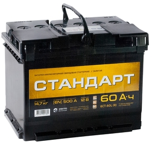

Аккумулятор Стандарт 60 Ач 500А прямая полярность