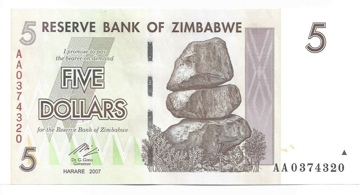 

Подлинная банкнота 5 долларов, Зимбабве, 2007 г. в. Купюра в состоянии аUNC (без обр)
