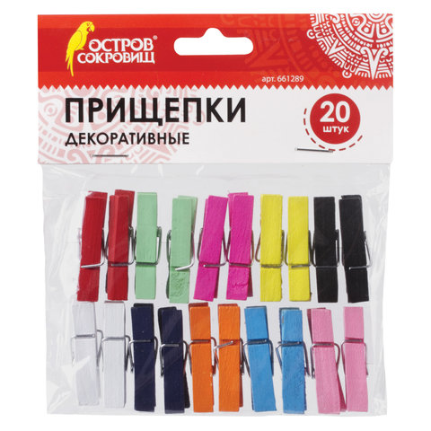 Прищепки декоративные Классика, 20 штук, 3,5 см, 10 цветов, ОСТРОВ СОКРОВИЩ, 661289, 5 шт