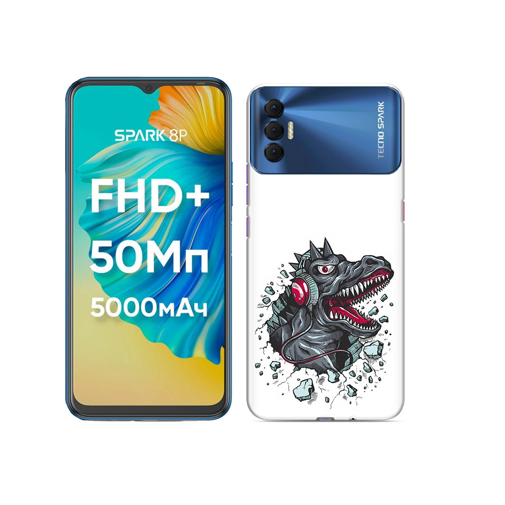 

Чехол MyPads Tocco для Tecno Spark 8P Нарисованный динозавр в наушниках, Прозрачный, Tocco