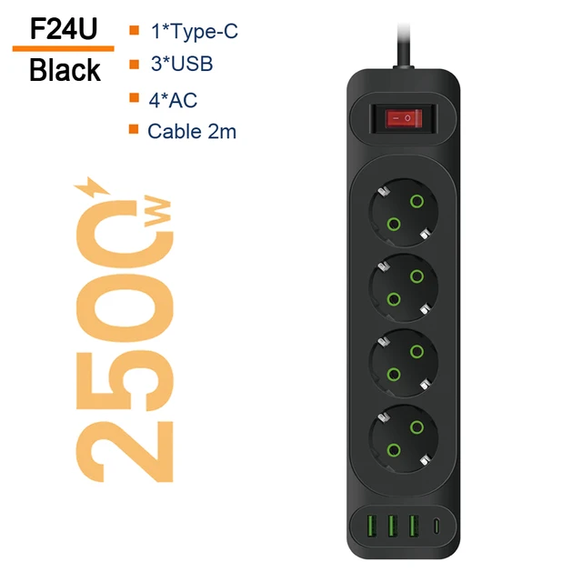 

Удлинитель сетевой фильтр с USB зарядкой, 3 розеток 3 USB +Type-C, f24u
