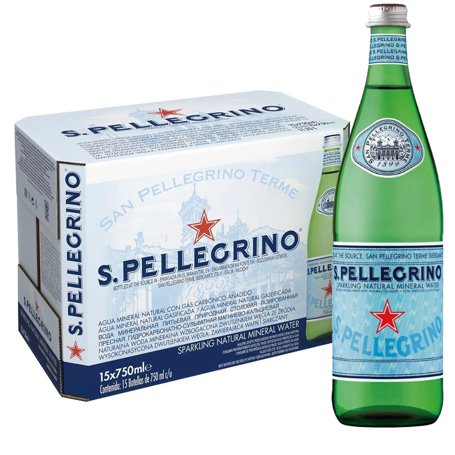 Вода минеральная San Pellegrino газированная, 0,75 л x 15 шт