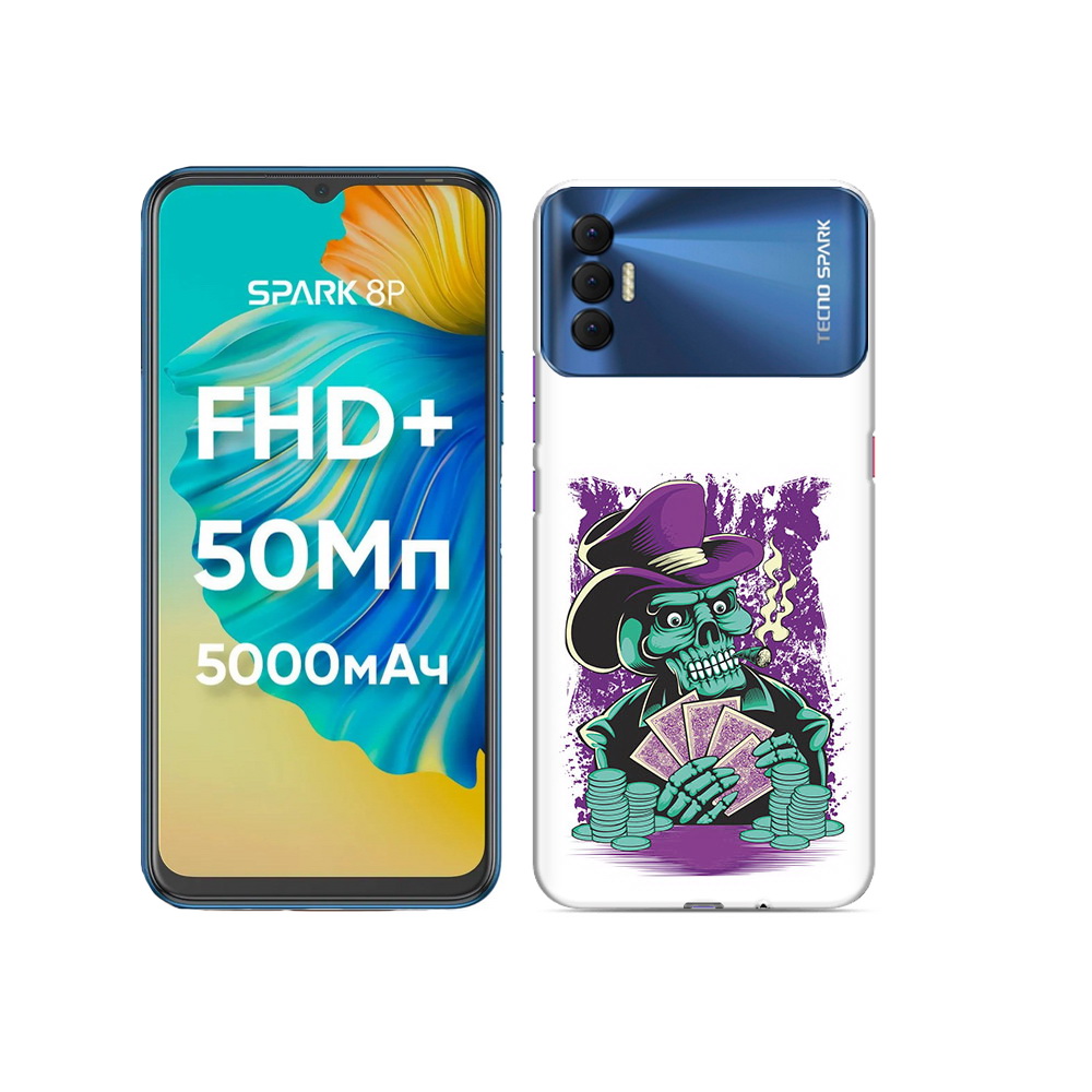 

Чехол MyPads Tocco для Tecno Spark 8P зеленый череп с картами, Прозрачный, Tocco