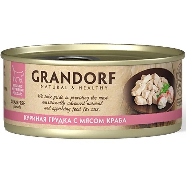 Консервы для кошек Grandorf NaturalHealthy с куриной грудкой и мясом краба 70г 339₽