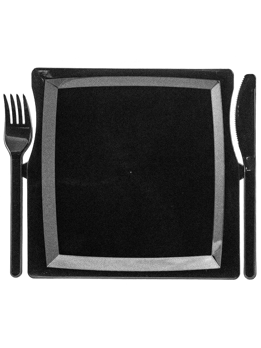 Комбо-тарелка одноразовая 3 в 1: тарелка, вилка, нож, квадратная, цвет чёрный 3 шт.