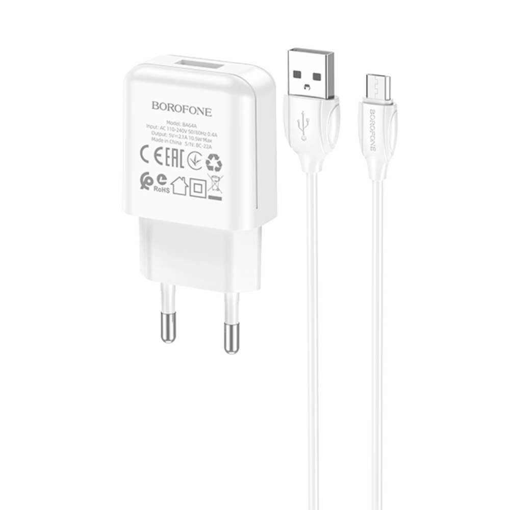 

Сетевое зарядное устройство Borofone BA64Am micro usb 1xUSB 2.1 А белый, BA64Am