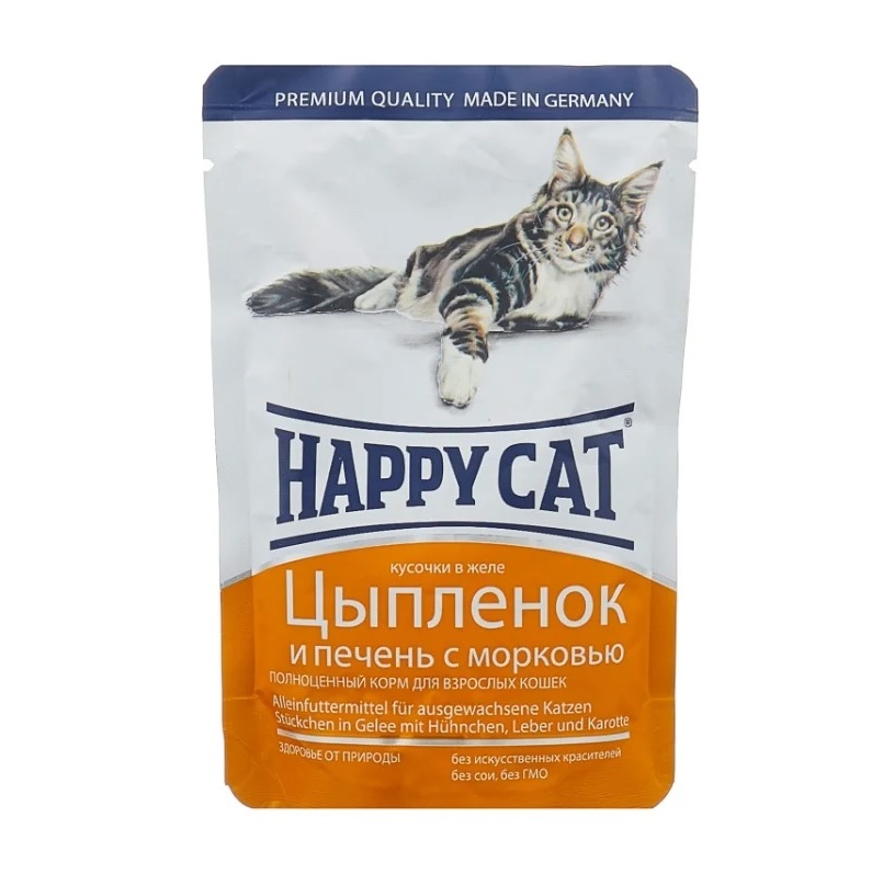Влажный корм для кошек Happy Cat, цыпленок, печень, морковь, 100г