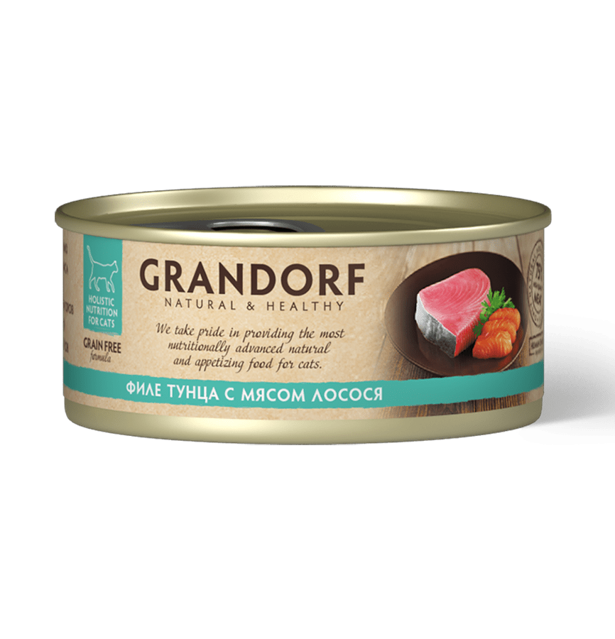 Консервы для кошек Grandorf Natural&Healthy, с филе тунца и мясом лосося, 70г